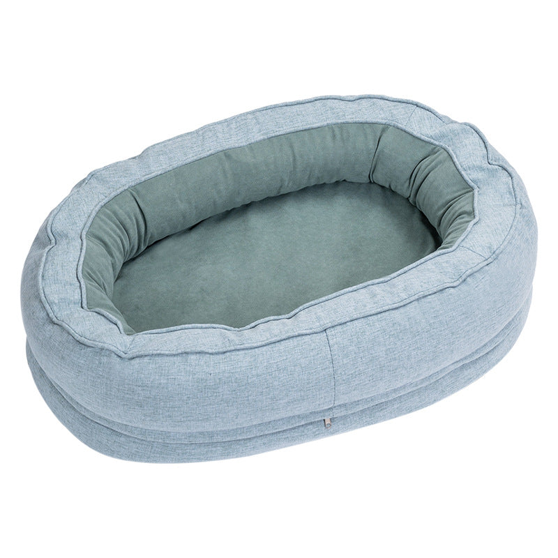 Warm deep dog bed in yellow, grey or blue, close-up detail view