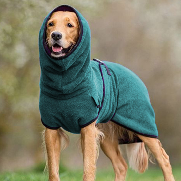 Dog wearing a soft lake blue polar fleece jumper