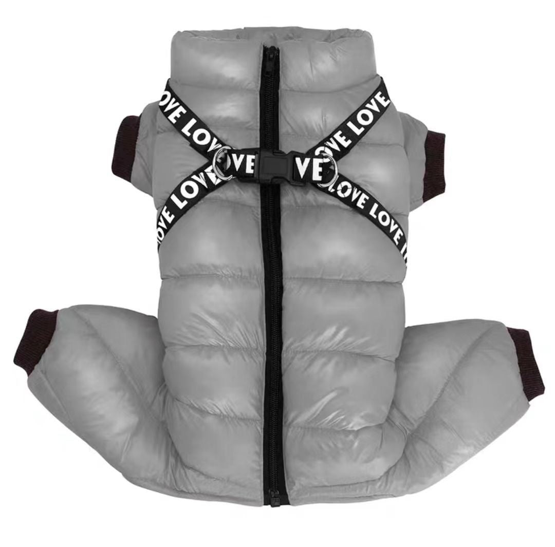 Fleece lined four-leg padded dog coat in Pink, front view