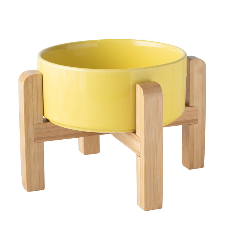 Elevated Ceramic Pet Feeding Bowl with Bamboo Stand, Anti-Spill Base in Five Colours
