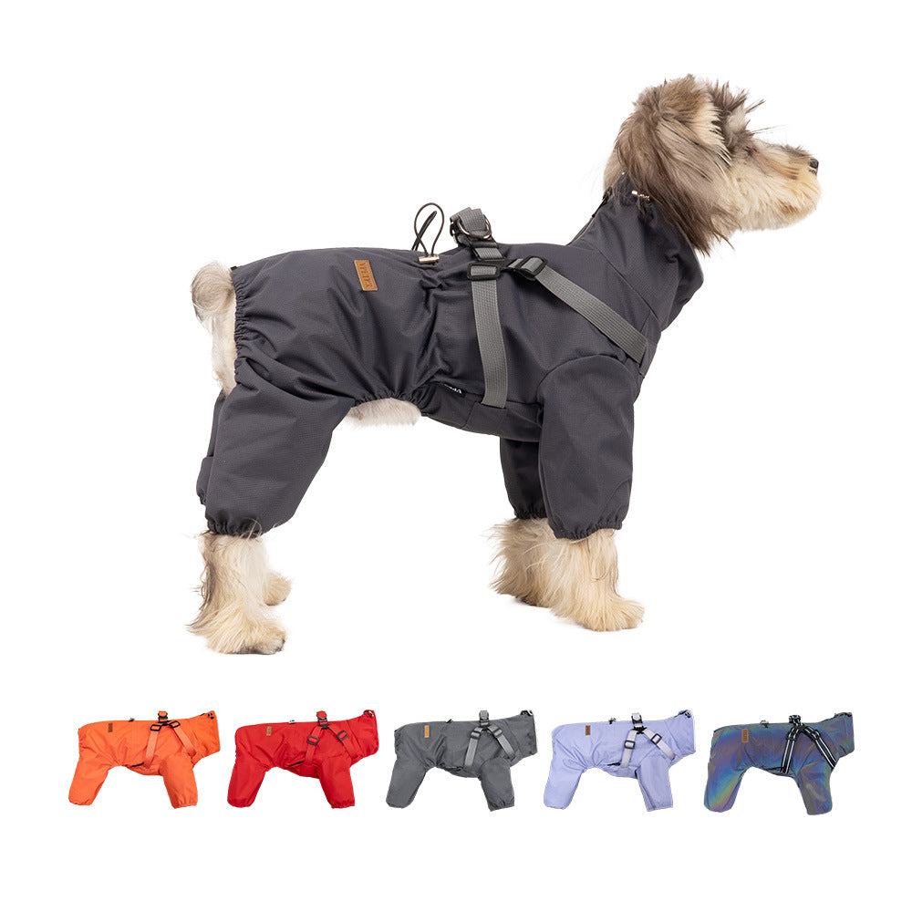 Waterproof four-leg dog raincoat with reflective strips in Laser Grey, showing size and shape