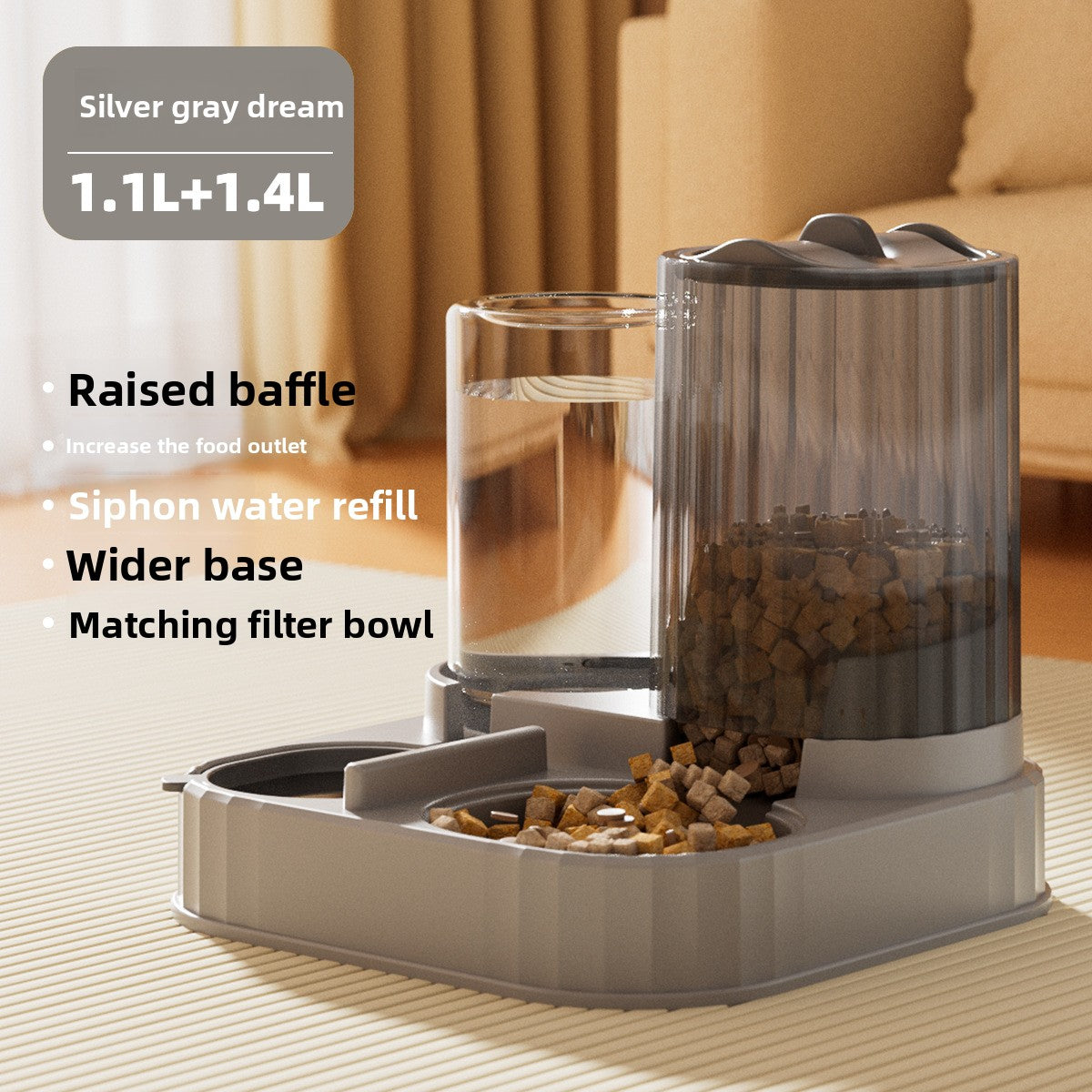 Large Capacity Pet Feeder and Water Dispenser with Separate Compartments, Up to 2800ml