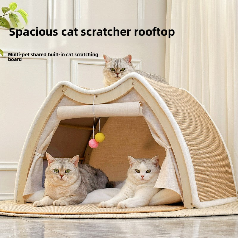 Solid wood enclosed cat tent with sisal scratching pad, view 3
