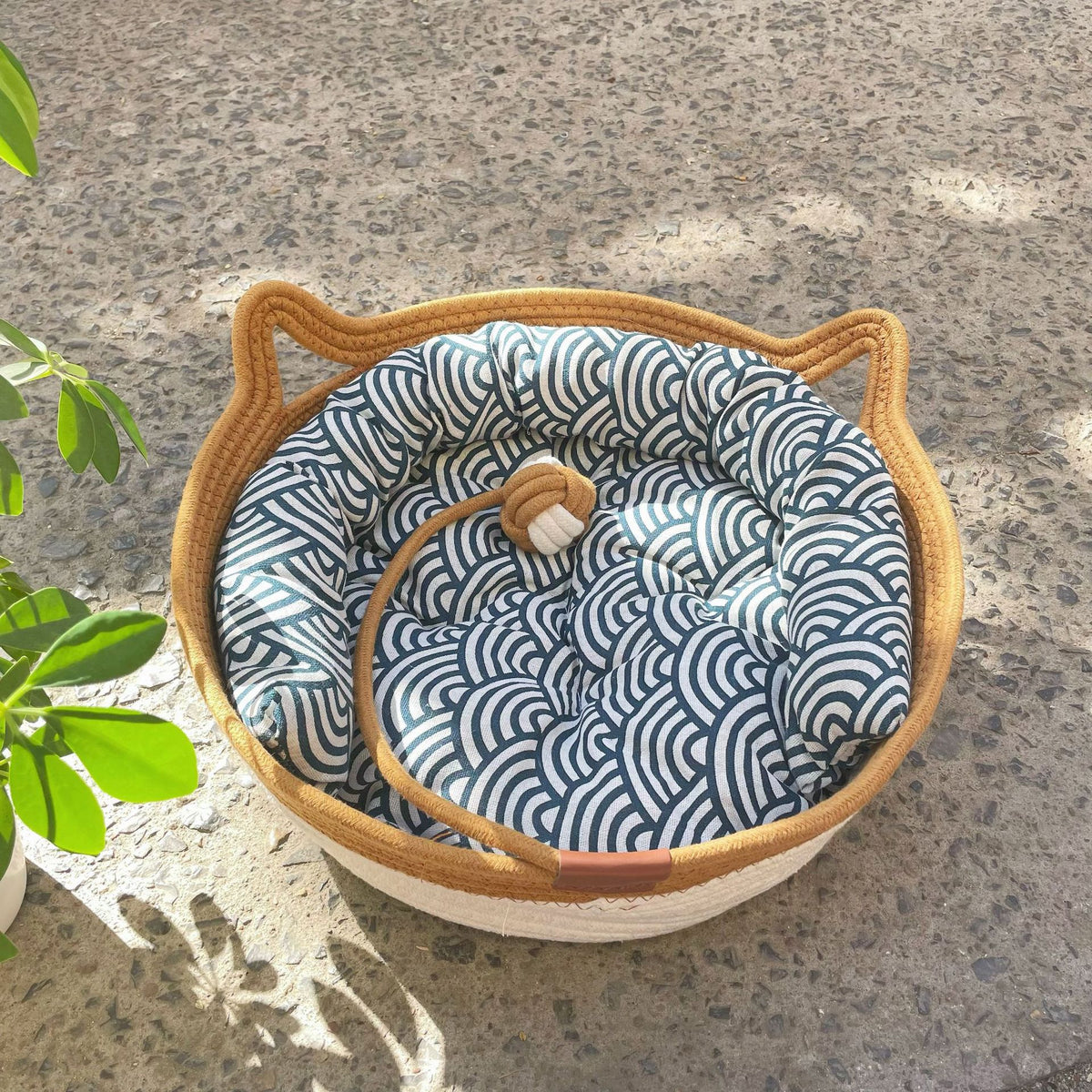 Woven rattan cat bed with cat ears and toy ball, view 21
