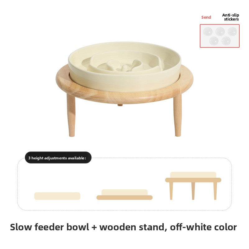 Ceramic Slow Feeder Dog Bowl in Ivory or Green, 15.5cm or 21cm, Optional Elevated Stand