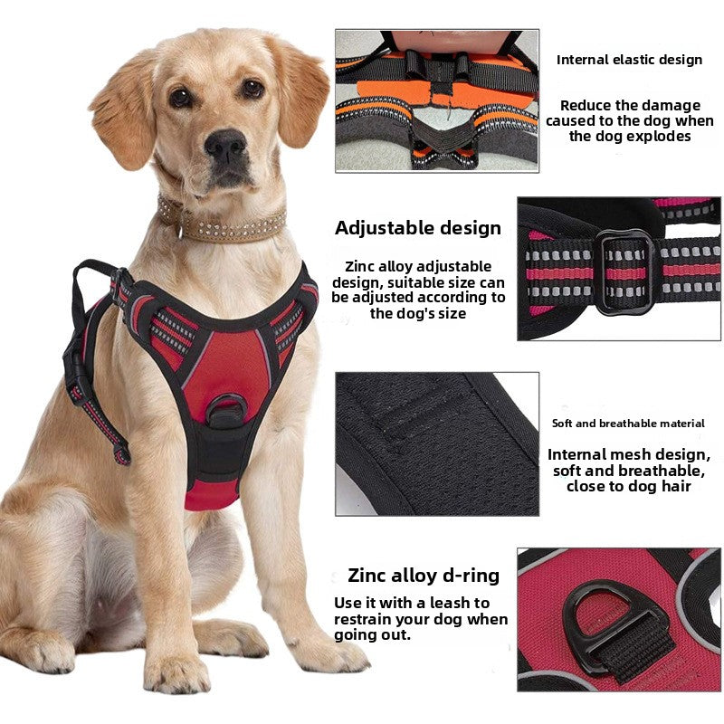 Bright reflective vest dog harness with adjustable straps in orange, view 2