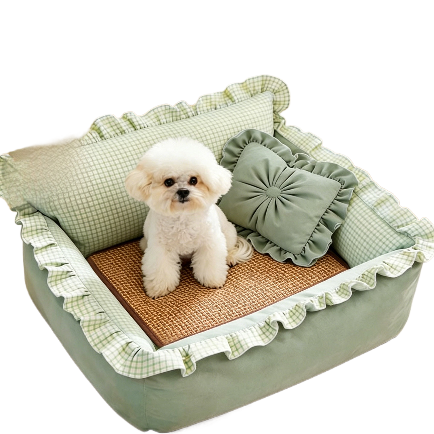 Square green washable dog bed with cooling bean mat, photo 23