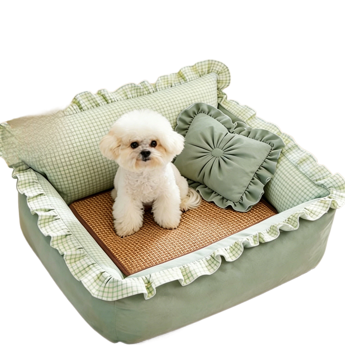 Square green washable dog bed with cooling bean mat, photo 23
