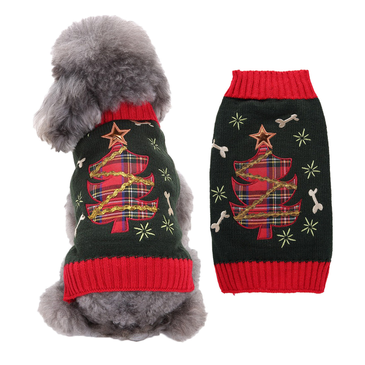 Christmas knitted dog jumper with festive pattern in Red and Green Reindeer, top view