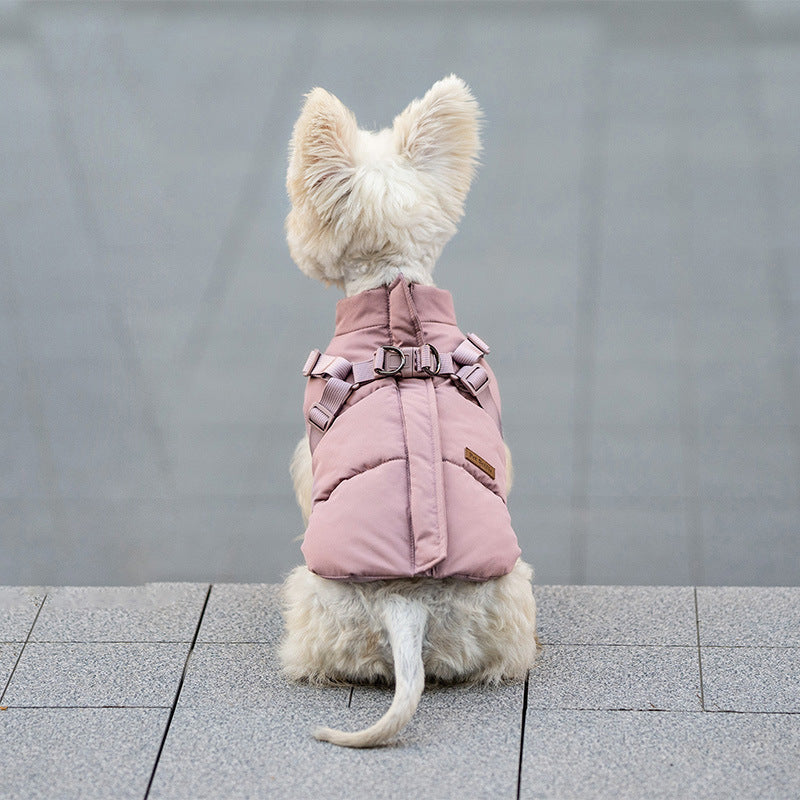 Water-resistant padded dog winter jacket in Khaki, in a home setting