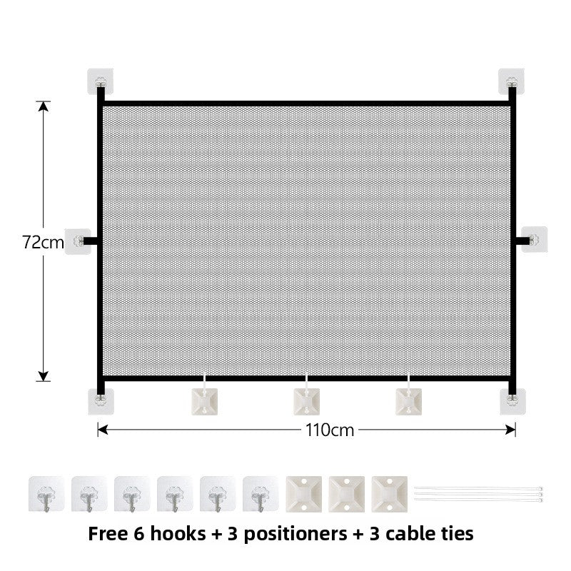 Folded mesh pet barrier measuring 180cm wide for storage