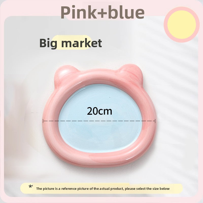 Shallow ceramic pet food plate with cute bear design in blue and pink, view 26