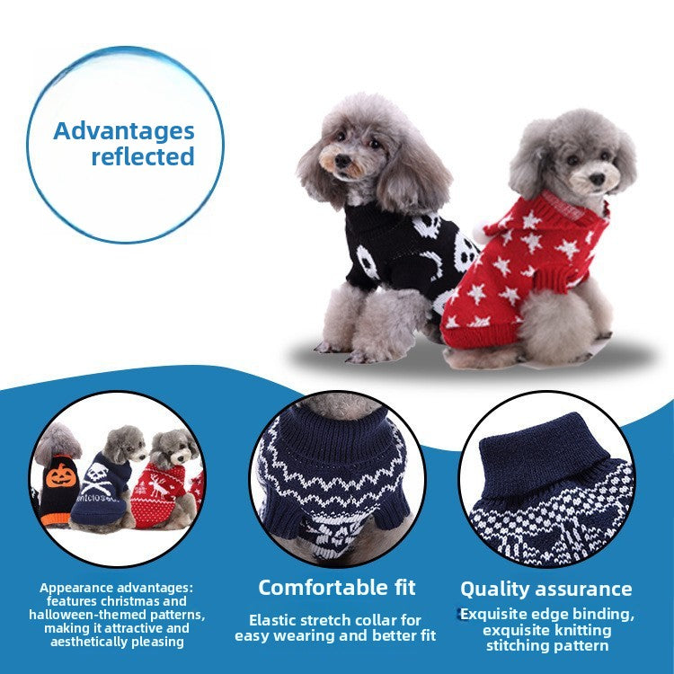 Blue knitted wool jumper for dogs and cats in Blue, close-up detail