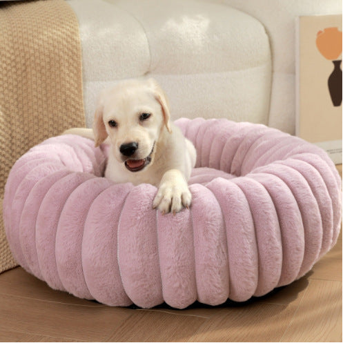 Wavy round pet nest bed for cats and small dogs in Pink, Removable Cover