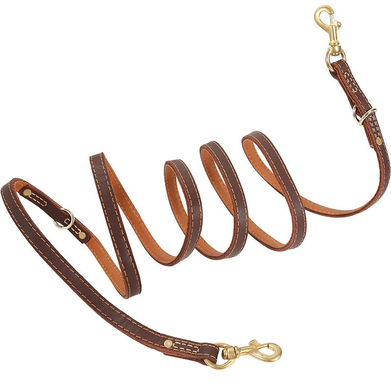 Cowhide leather multi function dog lead with double brass hooks