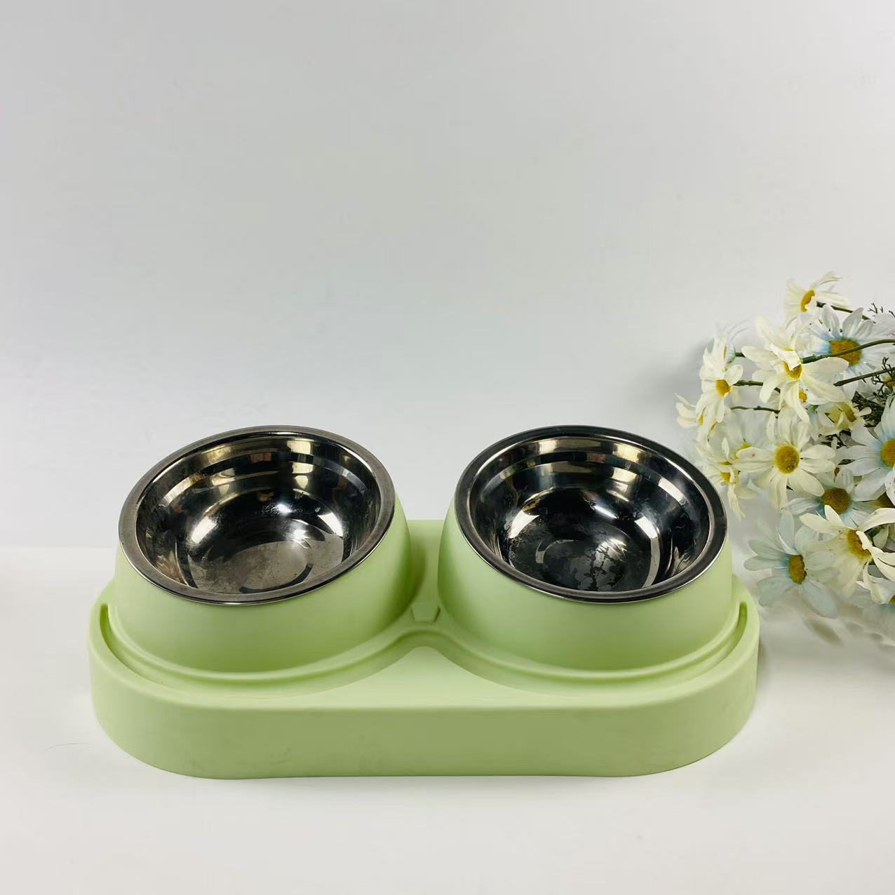 Slanted Double Pet Food and Water Bowl in Stainless Steel or Ceramic, Cat and Dog Designs