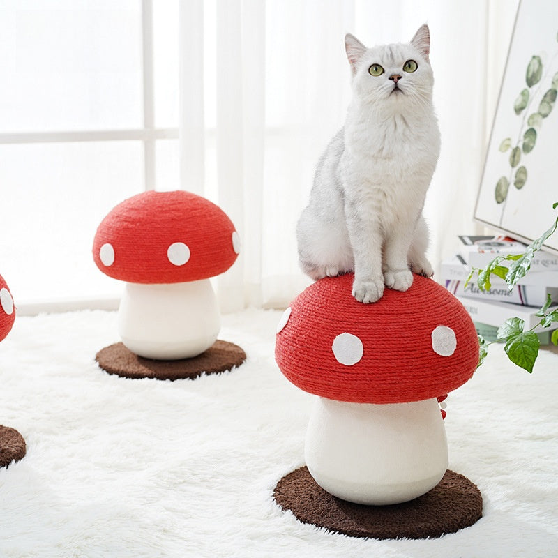Red mushroom cat scratching post with hanging ball, photo 2 of 12