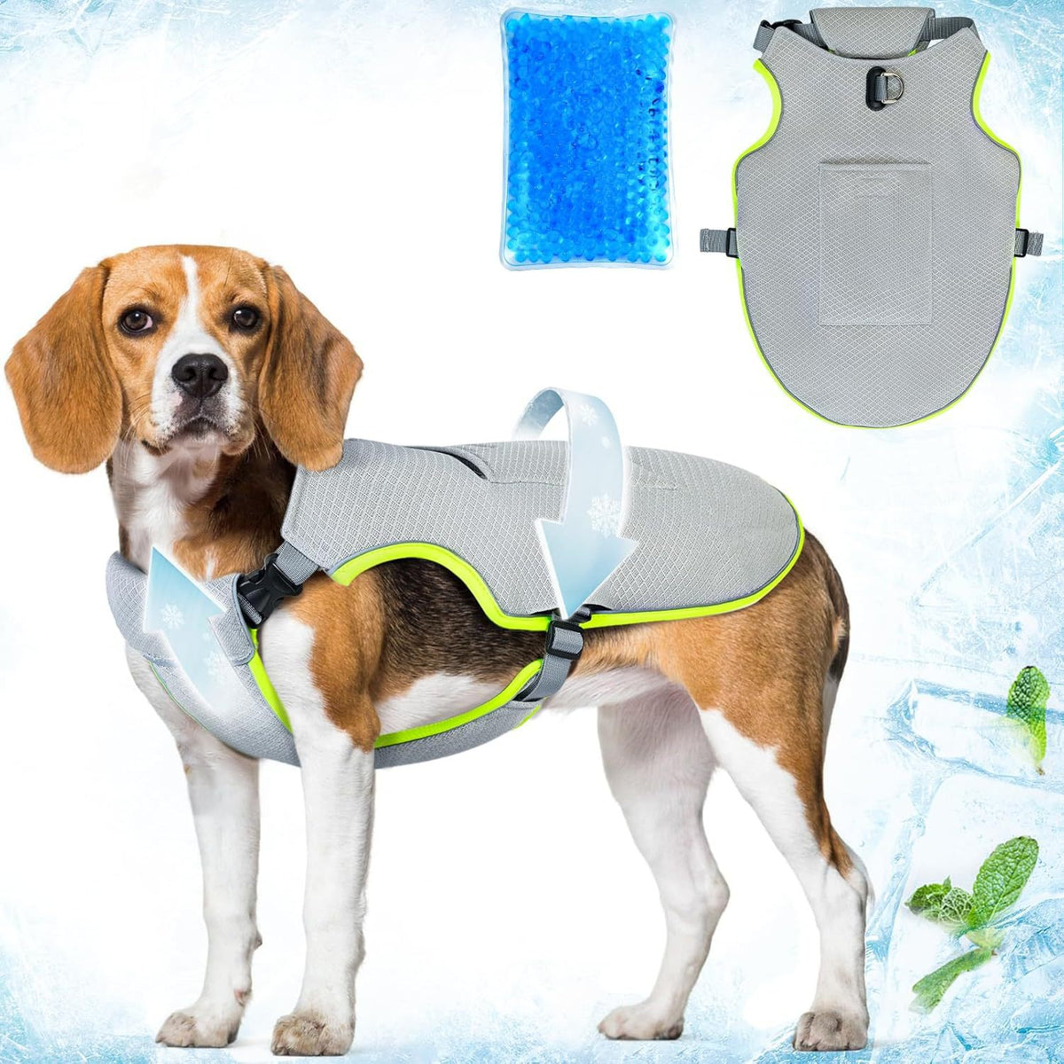 Green dual-layer mesh dog cooling vest with ice pack pocket, product image 1