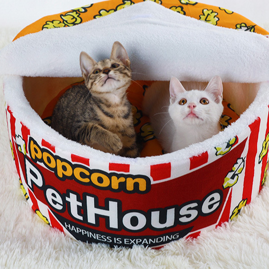 Novelty popcorn box shaped plush cat bed, product image 1
