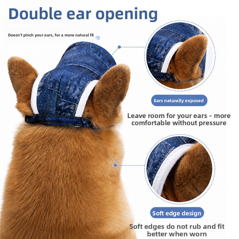 Adjustable pet baseball cap with ear cutouts in Blue Denim Print, side view