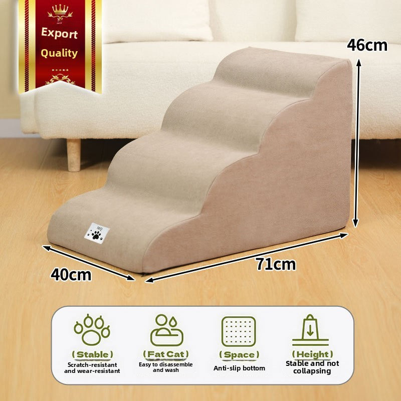 Small dog using non-slip foam steps to reach a sofa