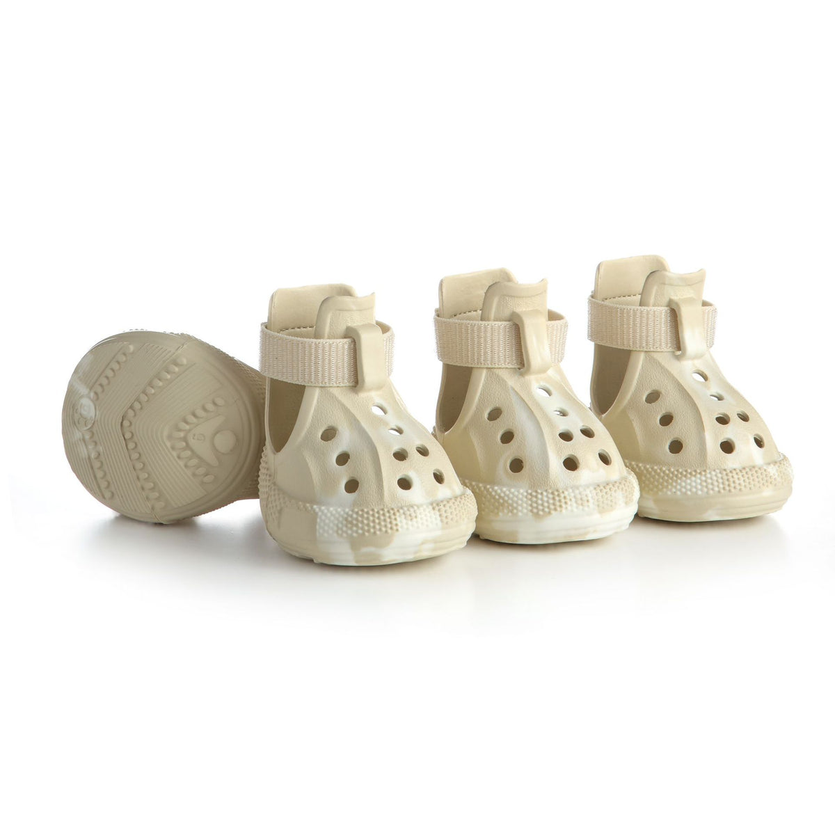 Breathable summer dog shoes with non-slip soles in Beige, in a home setting