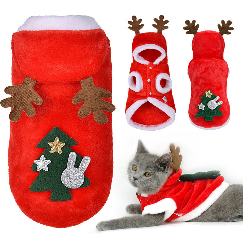 Christmas coral fleece dog outfit with reindeer design in Red, side view