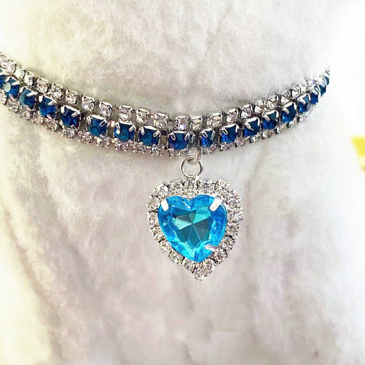 Rhinestone elastic pet collar with charm in Blue Bone, showing size and shape