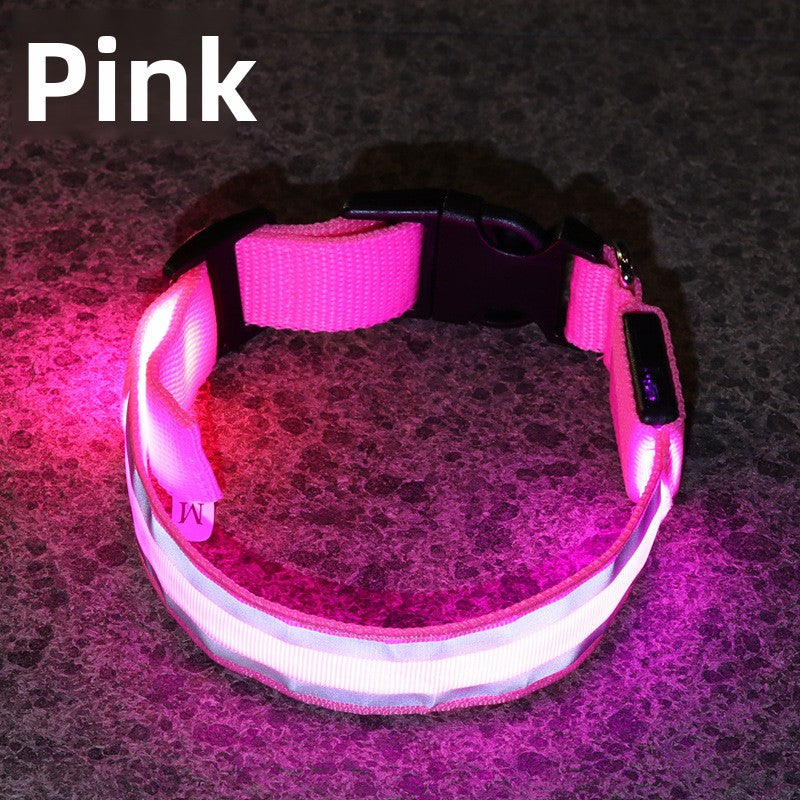 Light up dog collar with reflective strip glowing at night, product image 29