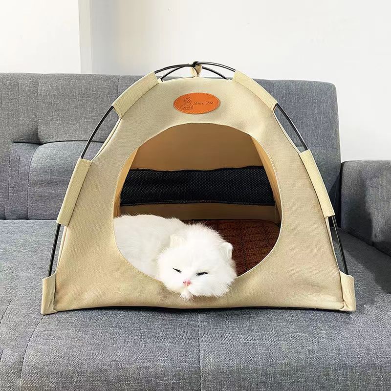 Foldable mesh pet tent bed for cats, shown in 3 colours and styles