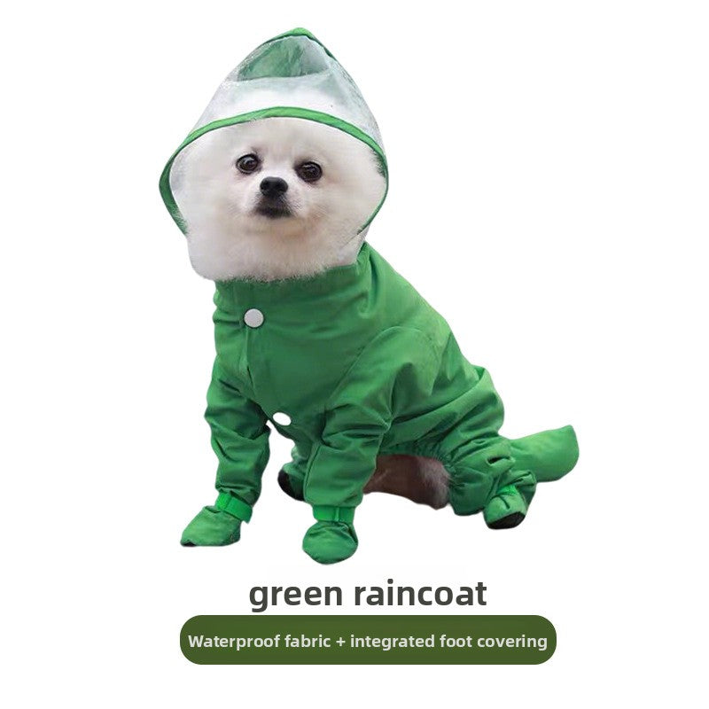 Small dog in a sky blue full cover four leg raincoat