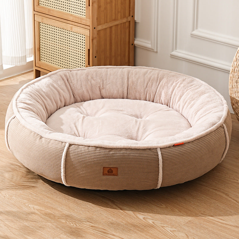 Round plush and corduroy pet bed for dogs and cats, photo 15 of 20