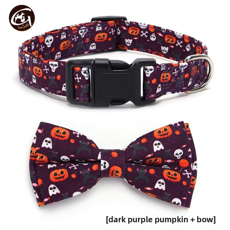 Halloween fabric dog collar with pumpkin print in Yellow Ghost, in use with a pet