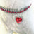Rhinestone elastic pet collar with charm in Red Heart, top view