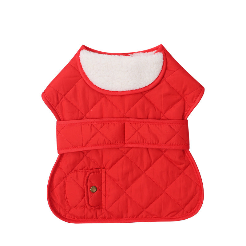 British style two-leg dog winter vest jacket in Red, showing size and shape