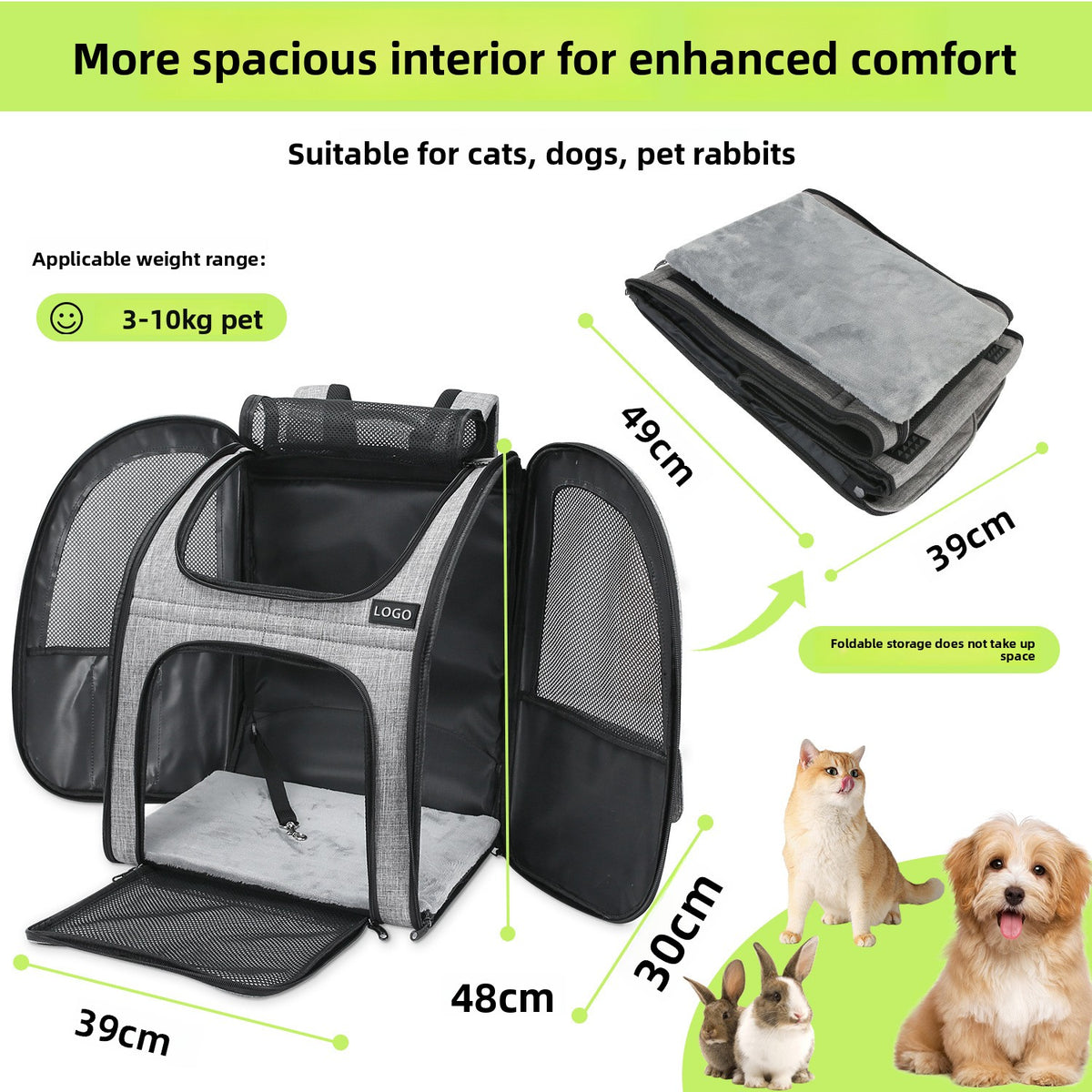 Foldable black pet carrier backpack with breathable mesh panels, view 4 of 6