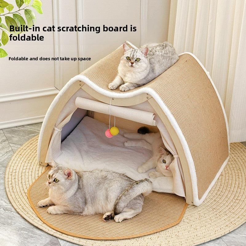 Solid wood enclosed cat tent with sisal scratching pad, view 4