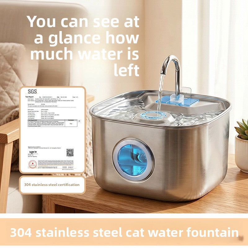 2.5L Stainless Steel Pet Water Fountain with Round Window, 4-Stage Filter and USB Power