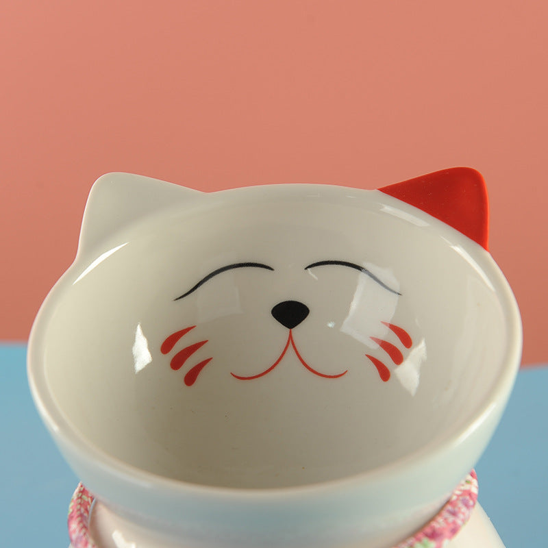 Elevated Ceramic Cat Feeding Bowl with Slanted Mouth and Matching Necklace
