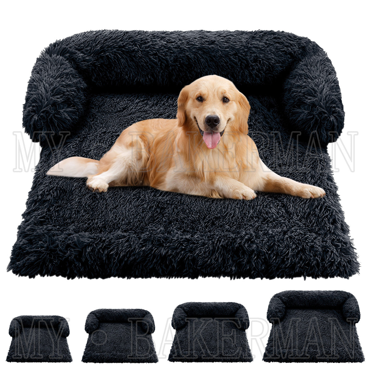 Dog lying on a coffee coloured plush square bed