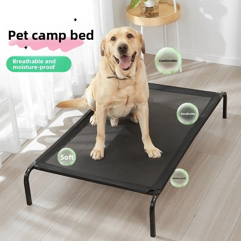 Elevated camping dog bed with steel frame and breathable mesh