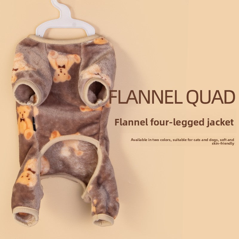 Flannel bear hoodie onesie for dogs and cats in Brown, in a home setting
