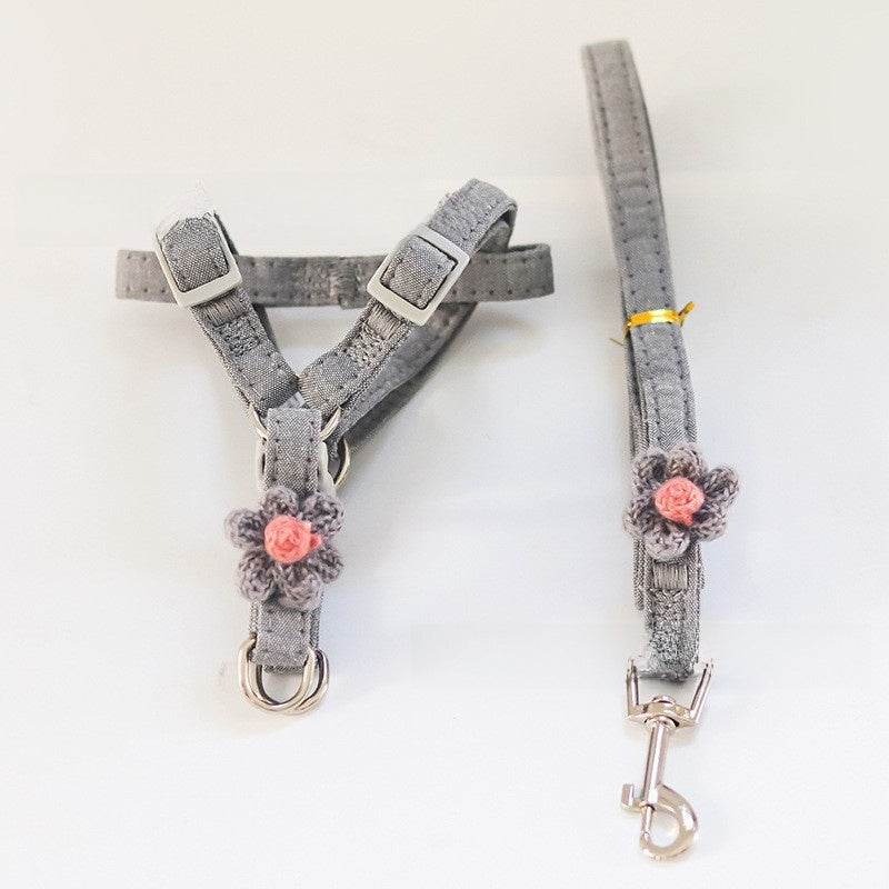 Cloth chest harness and lead with rabbit and flower prints, available from Pet Royale UK