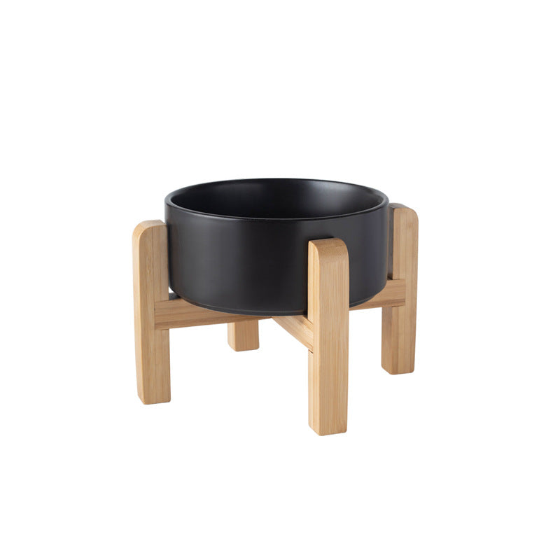 Elevated Ceramic Pet Feeding Bowl with Bamboo Stand, Anti-Spill Base in Five Colours