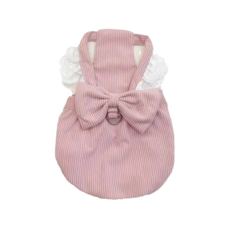 Pink corduroy pumpkin skirt pet dress with bow in Pink Corduroy, showing size and shape