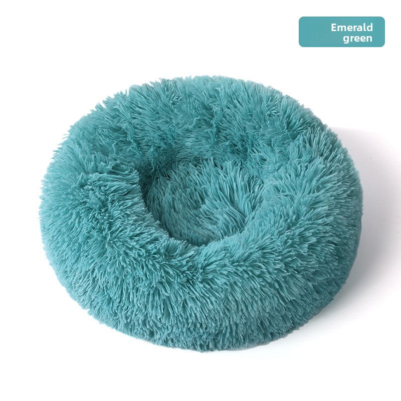 Plush round padded dog and cat bed in Emerald Blue