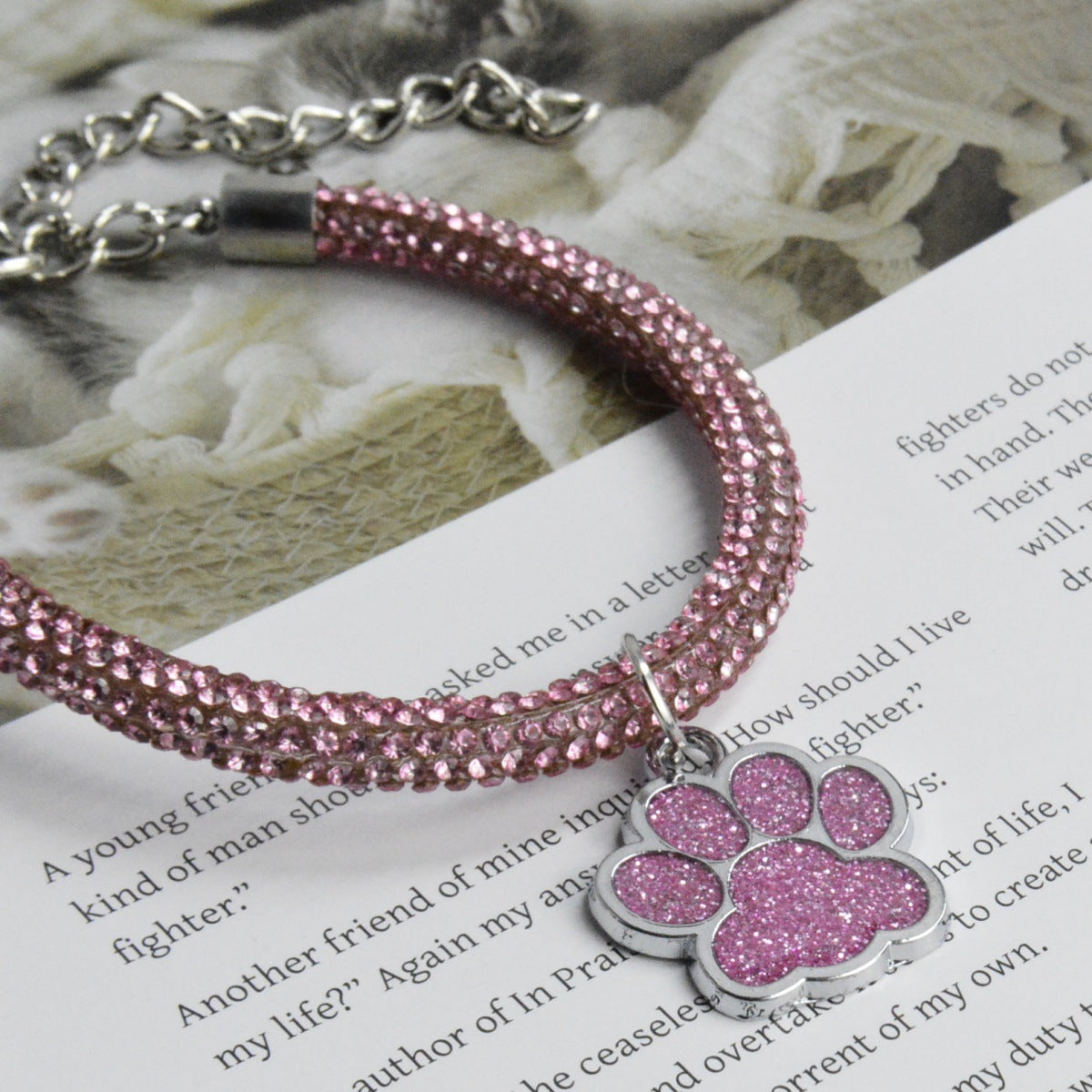 Sparkly silver chain necklace collar with paw charm for small dogs