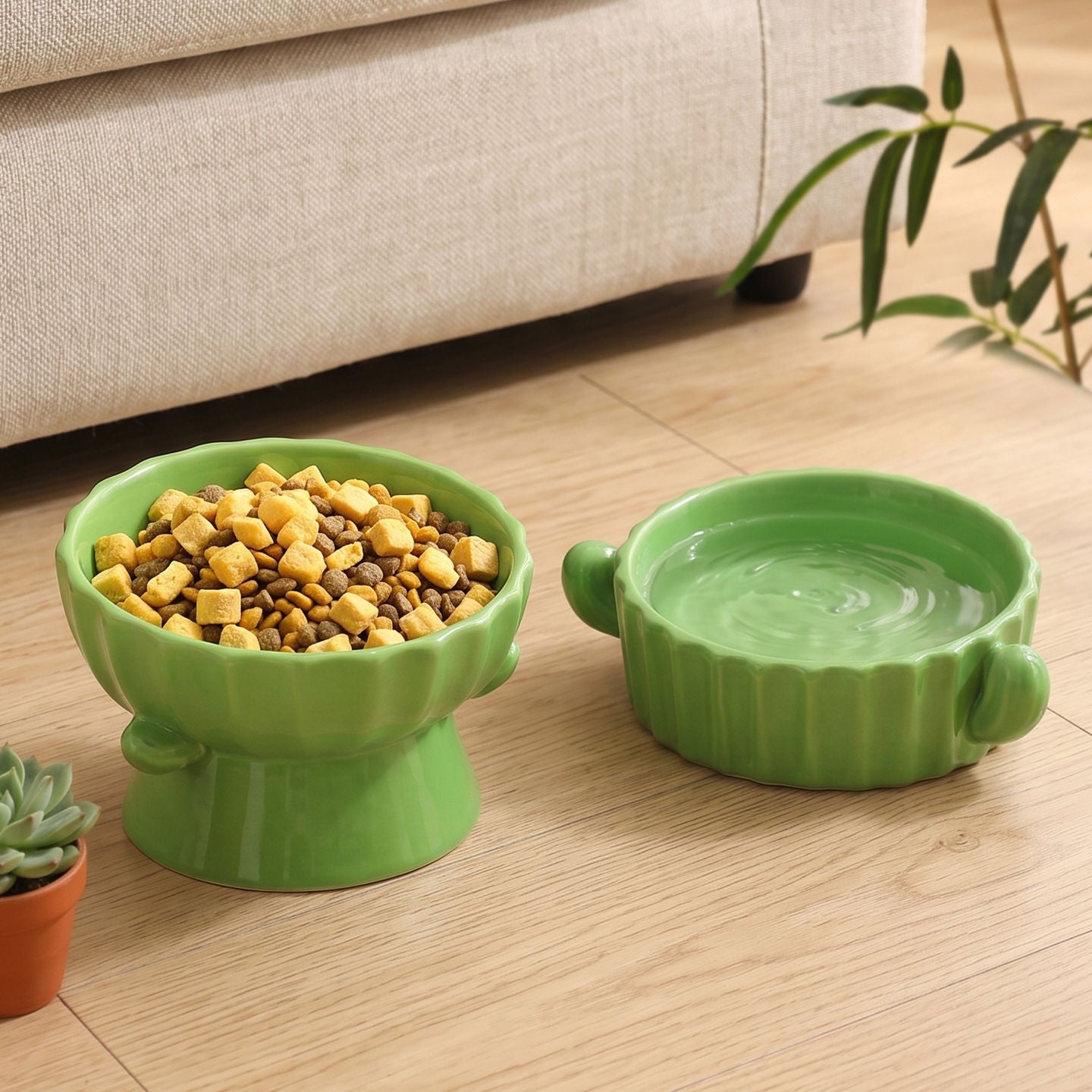 Ceramic Elevated Pet Bowl with Anti-Spill Slanted Opening and Double Ears in Cute Designs