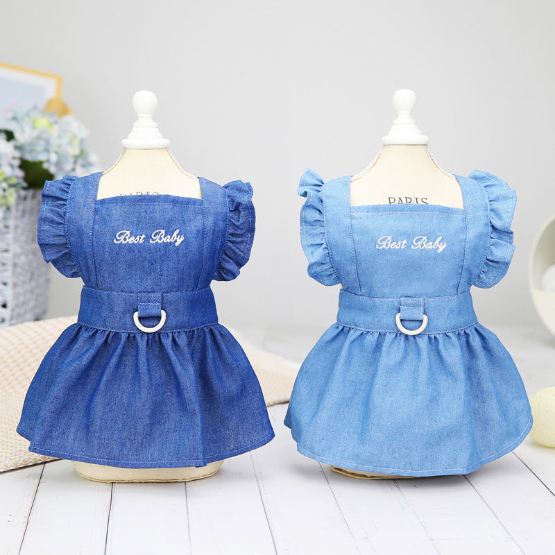 Embroidered cotton denim dress for small dogs, available in 2 colours, image 1