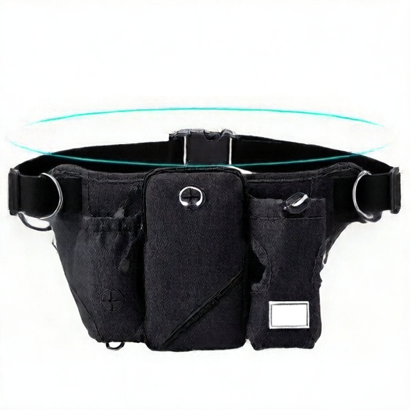 Dog walking waist bag with retractable lead in black and sky blue